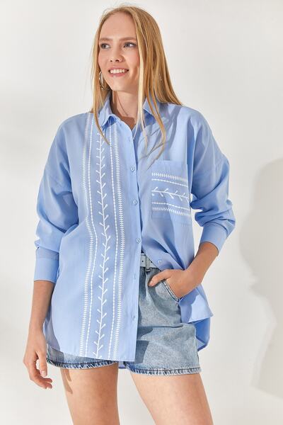 Olalook Baby Blue Pocket Detailed Printed Woven Shirt GML-19000985