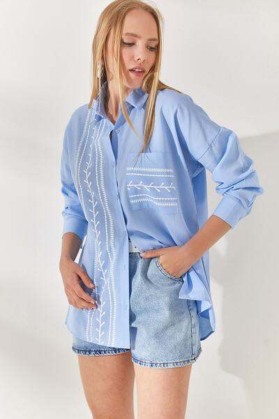 Olalook Baby Blue Pocket Detailed Printed Woven Shirt GML-19000985