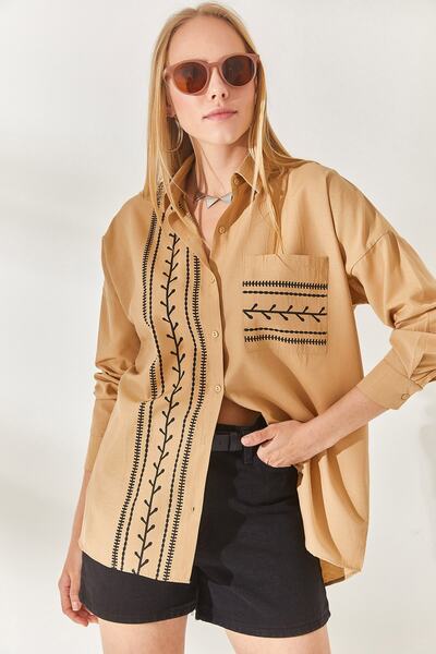 Olalook Camel Pocket Detailed Printed Woven Shirt GML-19000985
