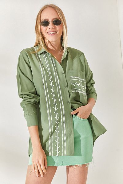 Olalook Mold Green Pocket Λεπτομερές εμπριμέ υφασμένο πουκάμισο GML-19000985