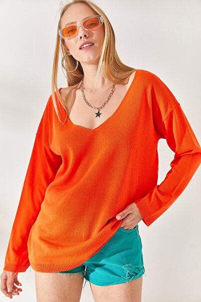 Olalook Πορτοκαλί Πλεκτό Μπλούζα με V λαιμόκοψη BLZ-19001586