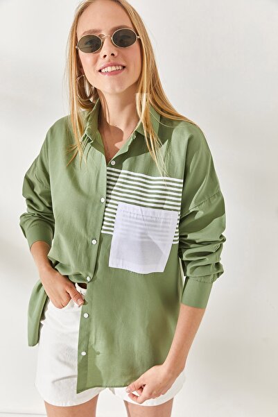 Olalook Penészzöld túlméretezett szőtt ing zsebrészlettel GML-19000978