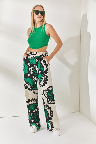 Olalook Yeşil Taş Beli Lastikli Cepli Desenli Palazzo Pantolon PNT-19000225