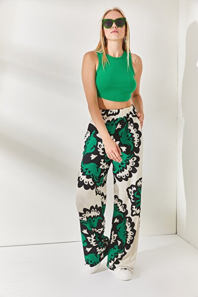 Olalook Yeşil Taş Beli Lastikli Cepli Desenli Palazzo Pantolon PNT-19000225