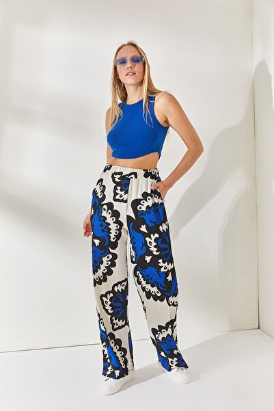 Olalook Saks Mavi Taş Beli Lastikli Cepli Desenli Palazzo Pantolon PNT-19000225