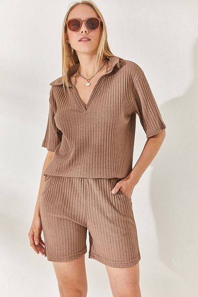 Olalook Mink Polo Collar Top Pocket Shorts Žebrovaná sada TKM-19000197
