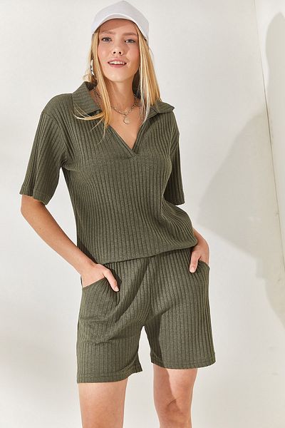 Olalook Khaki polo gallér felső zsebes rövidnadrág bordás készlet TKM-19000197