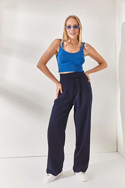Olalook Námořnická modrá plisované kalhoty Palazzo v pase na suchý zip PNT-19000222