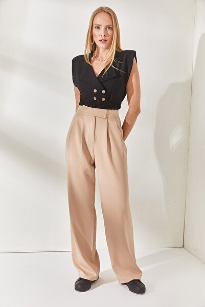 Olalook Bej Beli Cırtlı Pileli Palazzo Pantolon PNT-19000222