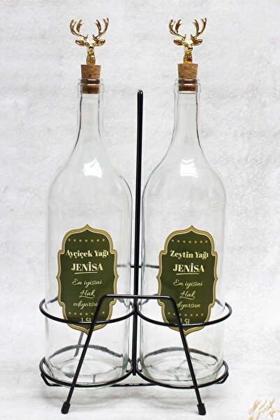 Jenisa 2 Adet Altın Geyik Tıpalı Stantlı Şeffaf Cam 1500ml Etiketli Yağlık Yağdanlık