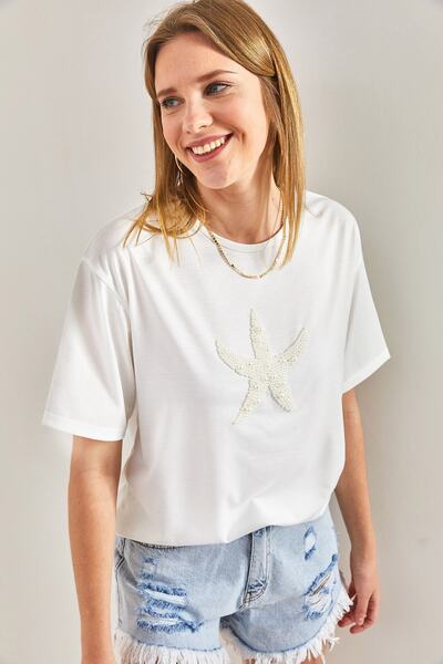 Bianco Lucci Damska koszulka z haftowanej bawełny czesanej w kształcie gwiazdy i perłowego kamienia