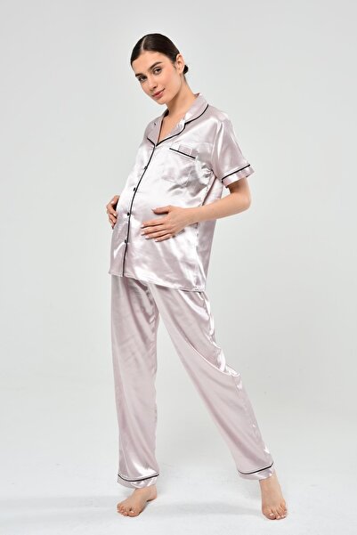 LİKAPA Satin Front Buttoned Maternity Short Sleeve Pajama Set