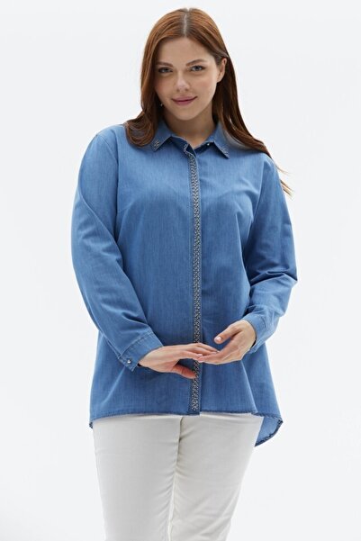 Selen Giyim Plus Size Jewelled Blouse with Placket and Collar