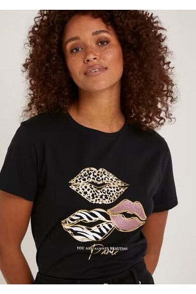 Kübra Tekstil Tricou pentru femei, 100% bumbac, cu imprimeu zebră și leopard, cu gâtul rotund Kt01921