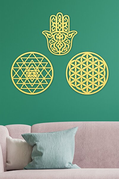 UNT Ξύλινο λουλούδι της ζωής Σρί Γιαντρά και Χάμσα Σύμβολα πλούτου και ευλογίας Τριπλό διακοσμητικό ζωγραφικό στολίδι τοίχου