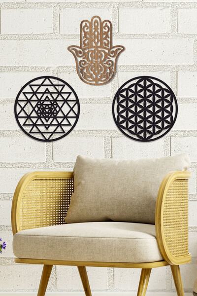 UNT Дървена декорация за стена с мотиви на цветето Шри Янтра и Хамса – символ...