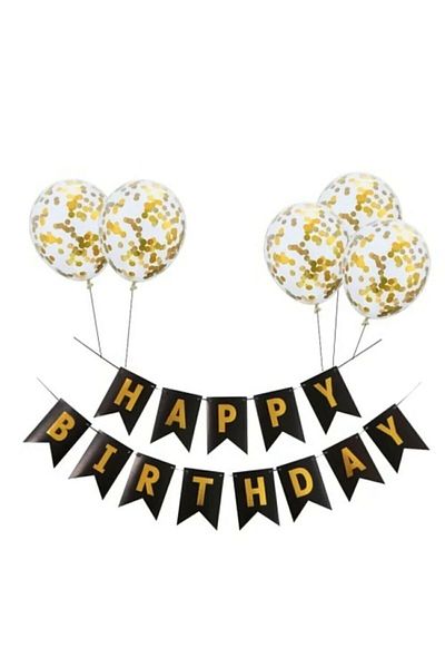gözdecicekpartiorg Happy Birthday Black Over Gold (χρυσό) Φύλλο Banner Σετ διαφανές μπαλόνι με κομφετί