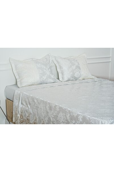 Finezza Beste French Lace Silvery Jacquard Fabric Silver Bedspread 3 Pieces -1448