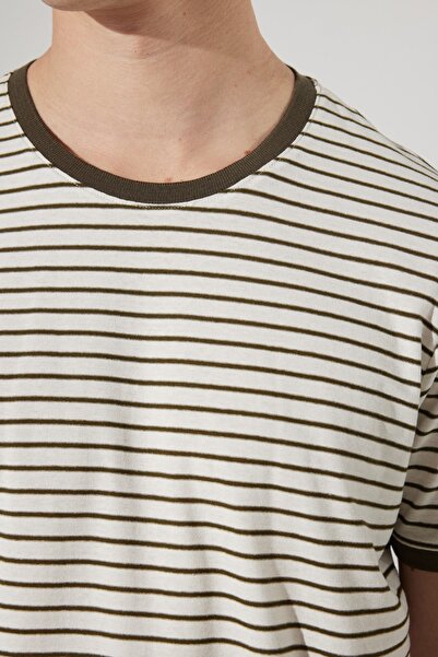 AC&Co / Altınyıldız Classics Ανδρικό μπλουζάκι Χακί Λευκό Slim Fit Slim Fit Crew Neck 100% βαμβακερό ριγέ μπλουζάκι