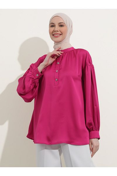 Refka Stoned Buttoned Satin Tunic - Fuchsia - Woman