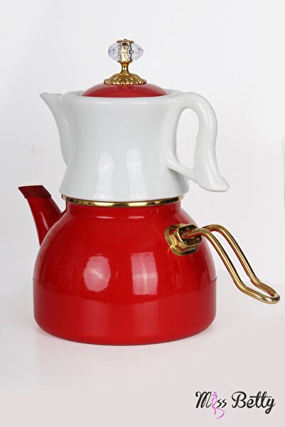 Miss Betty Emaye Çaydanlık Porselen Demlikli Kırmızı-yeni
