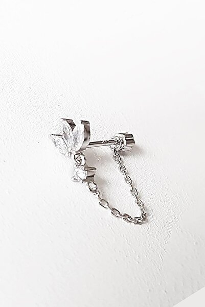 MorMajor Silver Tekli  Çiçekli Zincirli Gümüş Piercing