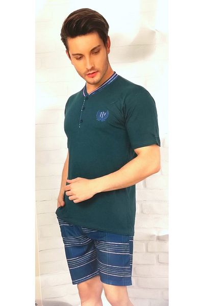 Sude Men's Green Turquoise Short Sleeve Pocket Shorts Pajama Set
