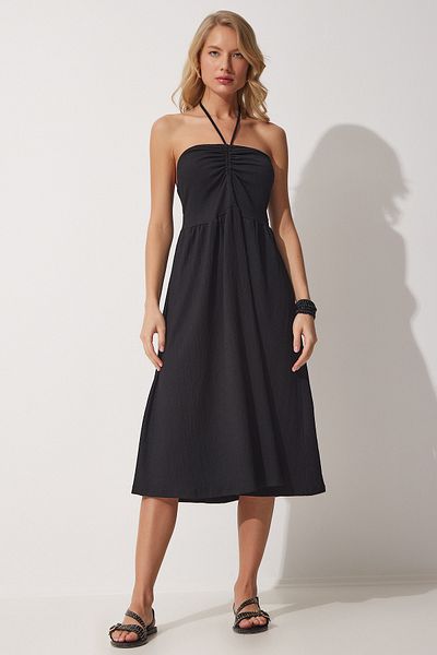 Happiness İstanbul Women's Black Halter Neck Summer Knitted Dress CE00073