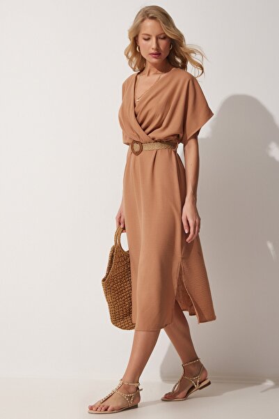 Happiness İstanbul فستان أيروبين صيفي بحزام من القش والبسكويت للنساء ZH00022