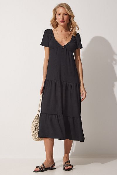 Happiness İstanbul Rochie de vară din viscoză, neagră, cu decolteu în V, UB00076