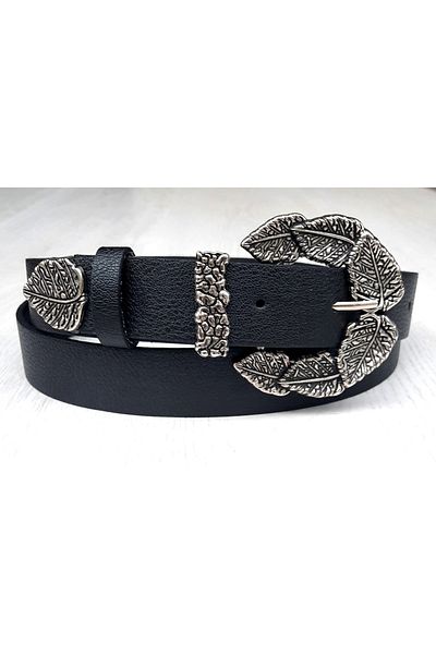 Kemerix Women's Black Belt with Leaf Buckle
