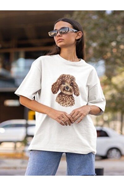 Serbella Poodle Printed White Unisex Oversize Tshirt