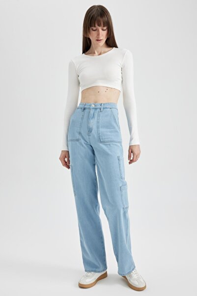 DeFacto Široká noha 90. let Vysoký pas Široká noha Dlouhá 100% bavlna Jean Kalhoty A3470ax23sm