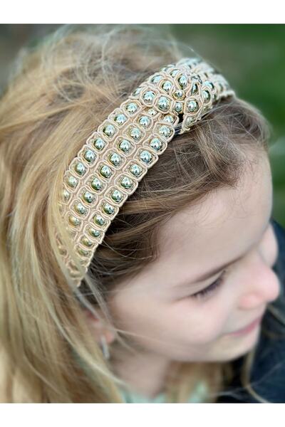 QUEEN AKSESUAR Trend Luxury Special Design Wide Knot Shiny Staple Stone Beaded Crown Women's Children's Crown Cream Beige
