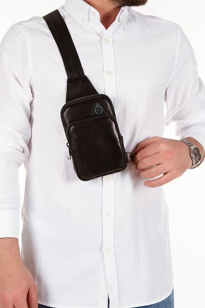 Newish Men's Genuine Leather Crossbody Shoulder Bag with Phone Compartment and Headphone Output (Daily Useful) Black