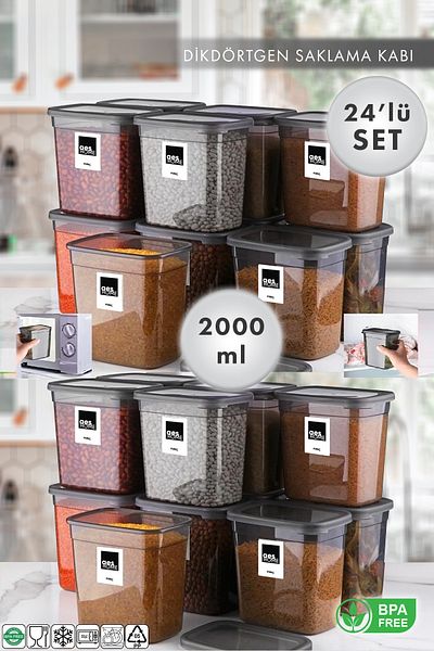 AES HOME 24 Pieces Jumbo Size Rectangular Storage Container 2000 Ml Anthracite (with tag gift)