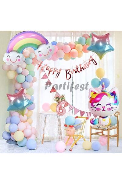 Parti Station Unicorn Kedi Kitty Rakam Konsept 6 Yaş Balon Doğum Günü Set Yaş...