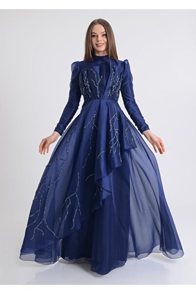 SpringStore Lacivert Yelpaze Detaylı Tesettür Abiye Elbise