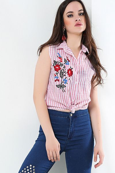 AVORWE Cămașă fără mâneci cu dungi groase cu broderie florală