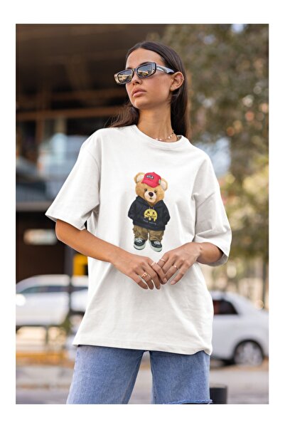 Serbella Hat Teddy Printed Oversize White Tshirt
