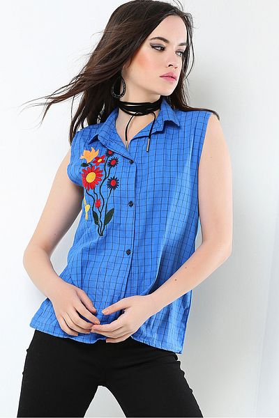 AVORWE Cămașă fără mâneci cu broderie florală în carouri