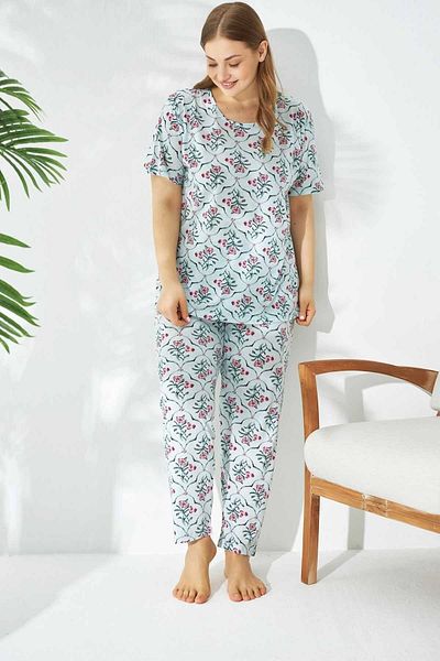 Siyah İnci Green Ivy Pattern Knitted Pajama Set
