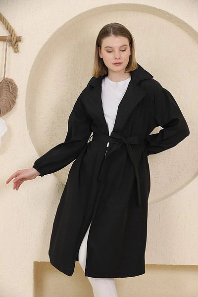 CNG MODA Belted Black Balloon Sleeve Trench