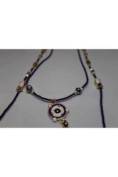 CHIC Fish Eye Evil Eye Beaded Gold Heart Dark Blue Bead Glasses Thread and Solar System Figure Necklace