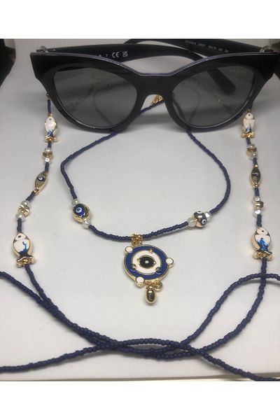 CHIC Fish Eye Evil Eye Beaded Gold Heart Dark Blue Bead Glasses Thread and Solar System Figure Necklace