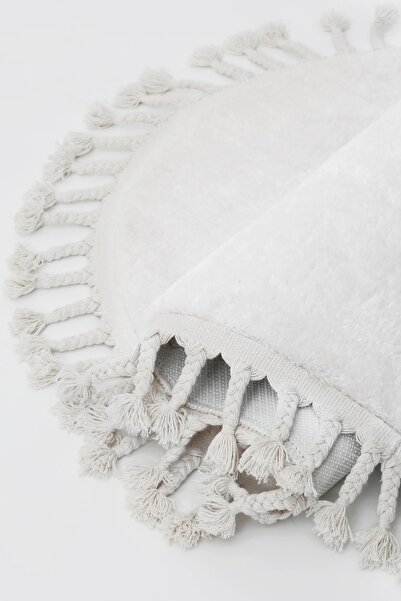 Dijidekor Beyaz Oval Post Dokuma Halı Saçaklı Peluş Yumuşacık Kaymaz Antibakteriyel