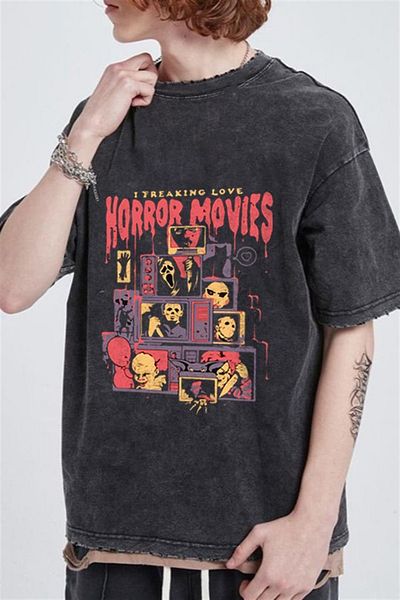 Touz Πλενόμενες ταινίες τρόμου τυπωμένο Unisex Oversize Vintage μπλουζάκι
