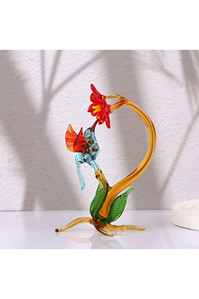 ADAMODART Sinek Kuşu Ve Kırmızı Çiçek Temalı El Yapımı Cam Biblo