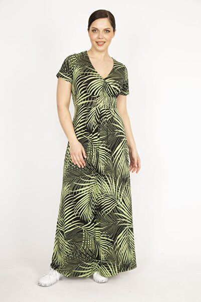 Şans Γυναικείο πράσινο μεγάλο μέγεθος τυλιγμένο γιακά πολύχρωμο μακρύ φόρεμα 65n36194