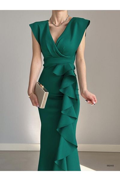 Secret Passion Lingerie New Season Flexible Green Scuba Fabric Flounce Detail Slit Μακρύ Φόρεμα 729 582443